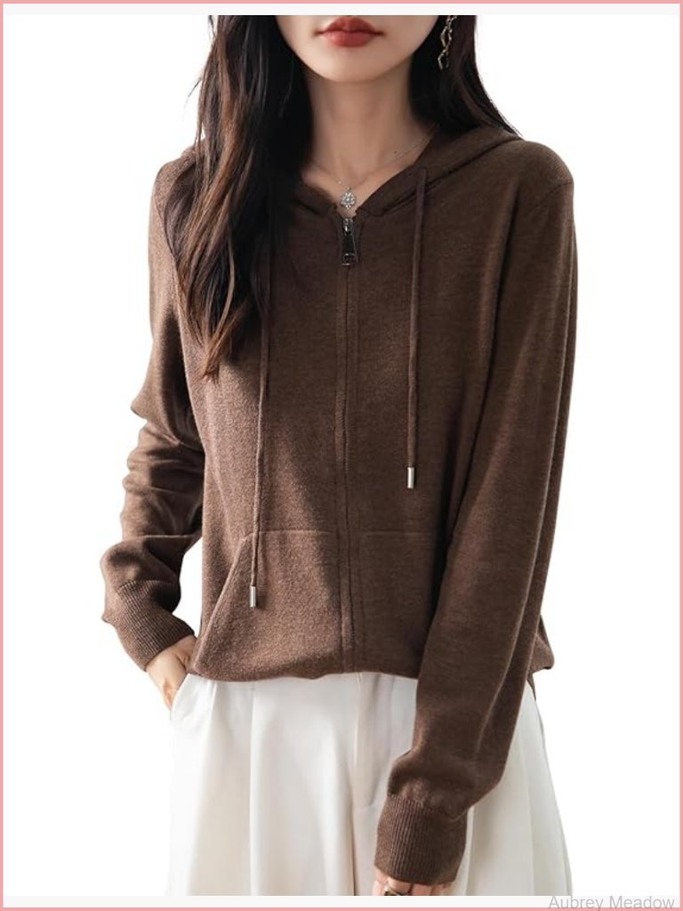 Merino Wool Blend Cardigan Zipper Crew Neck Long Sleeve Knit Sweatshirt